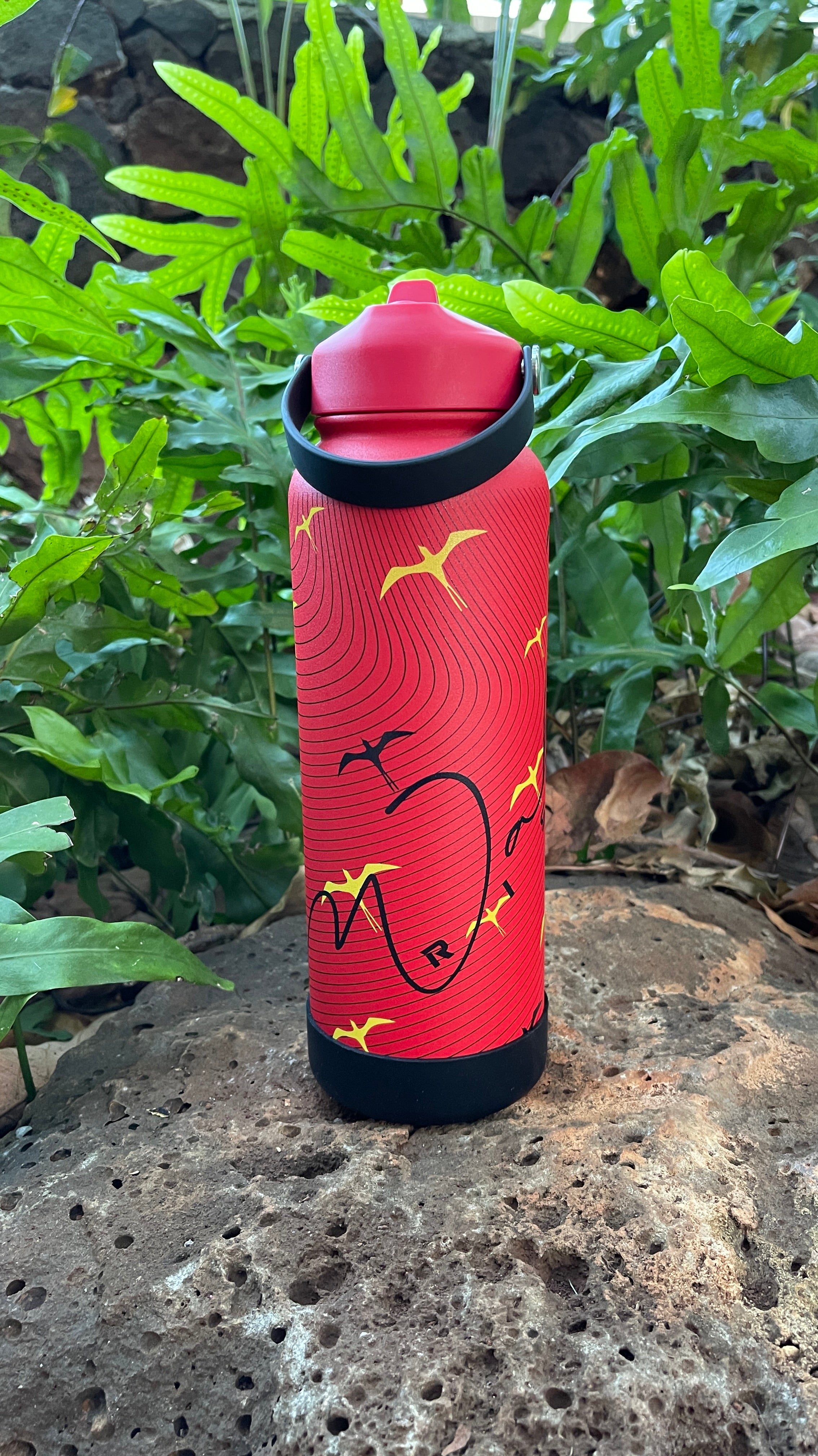 Wahine Rising Printed Iwa Flask Red & Yellow