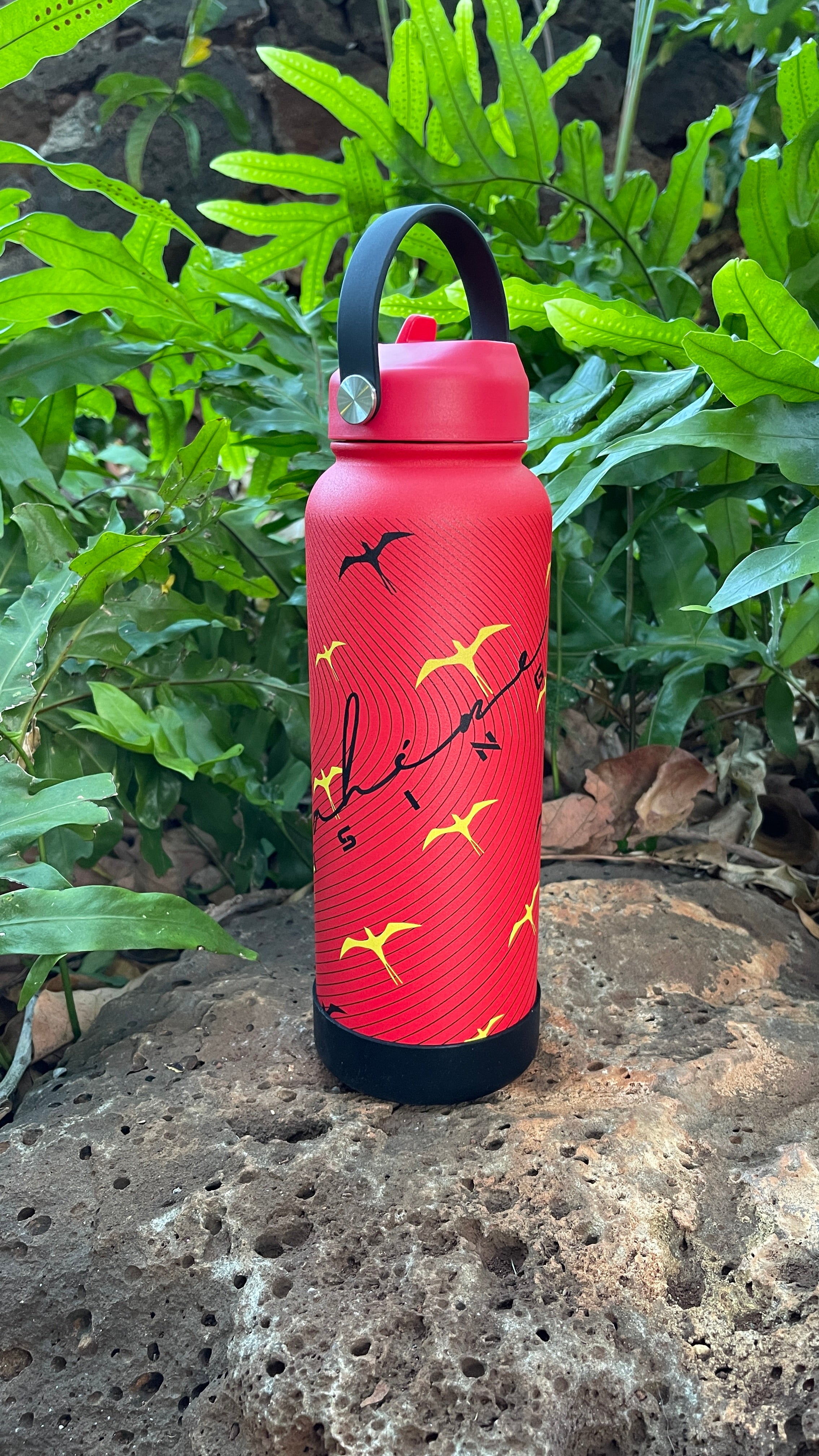 Wahine Rising Printed Iwa Flask Red & Yellow