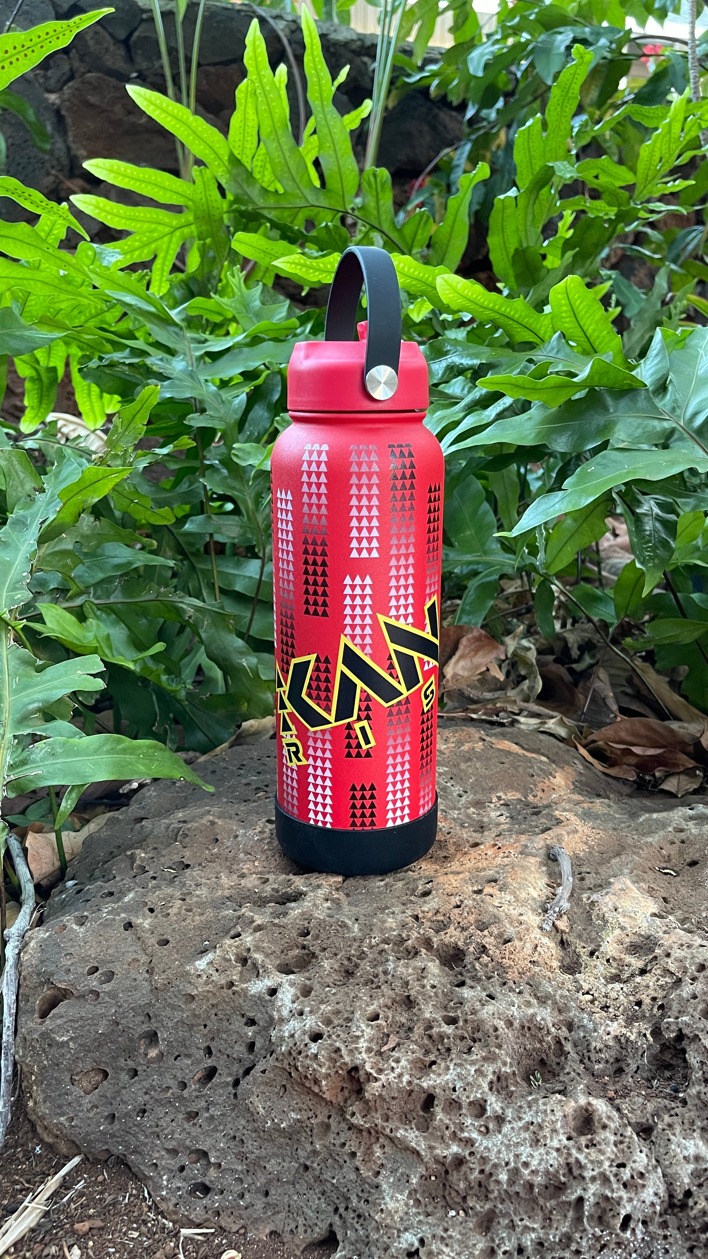 40oz Kanaka Rising Printed Flask Red w/ Black & Yellow