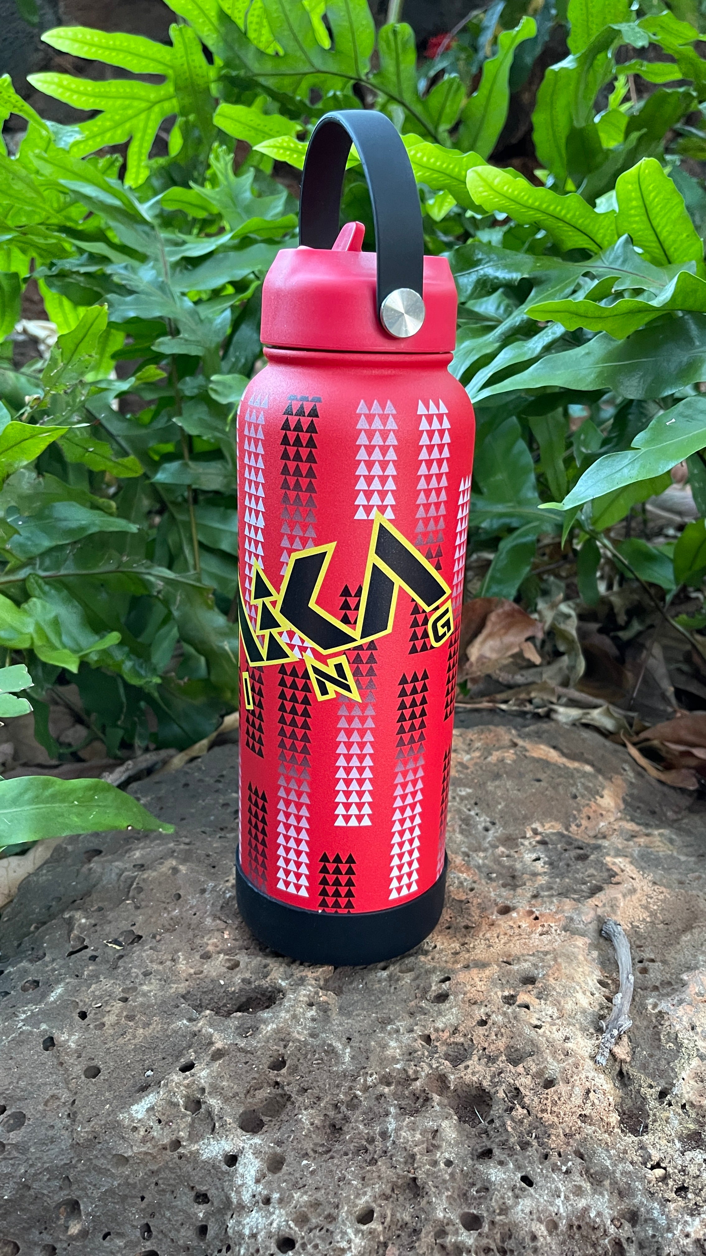 40oz Kanaka Rising Printed Flask Red w/ Black & Yellow